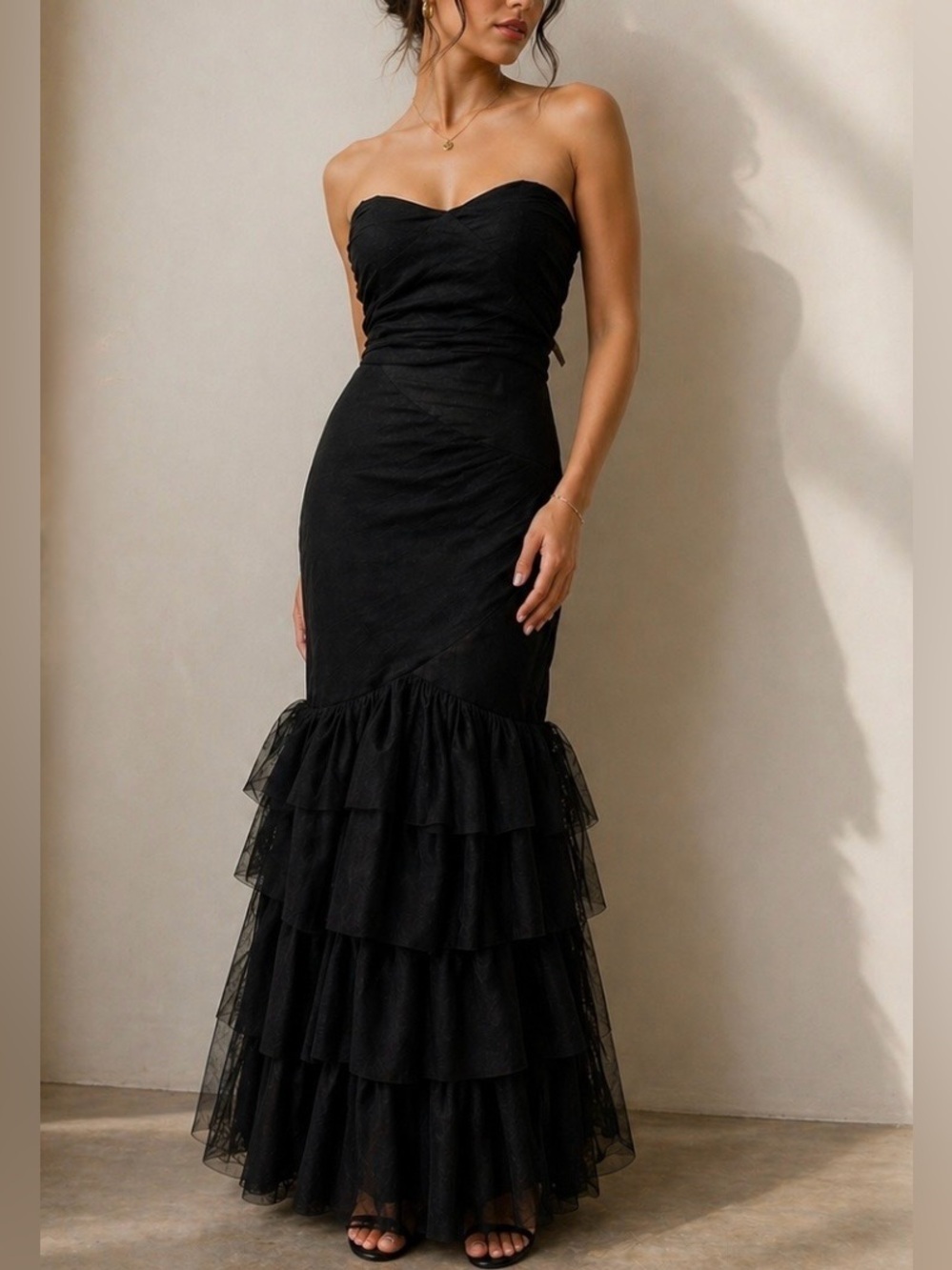 Lulus Black Strapless Tiered Ruffle Tulle Maxi Dress Formal Gown Romantic NWT XS